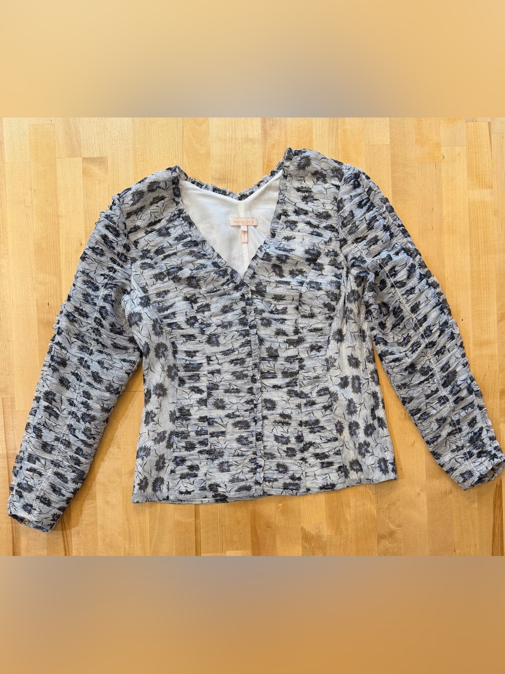 Rebecca Taylor Textured Black & White Floral V-Neck Blouse